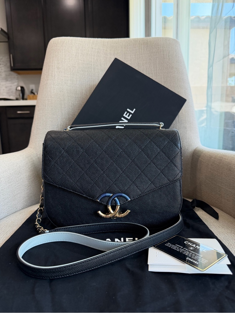 CHANEL Cuba Black Quilted CaviarLeather Shoulder Bag with Gold CC Accent